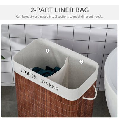 HOMCOM 100L Laundry Basket with Lid String Handles, 2 Section Collapsible Hamper Removable Lining Foldable Water-Resistant Dirty Clothes Storage, Brown 