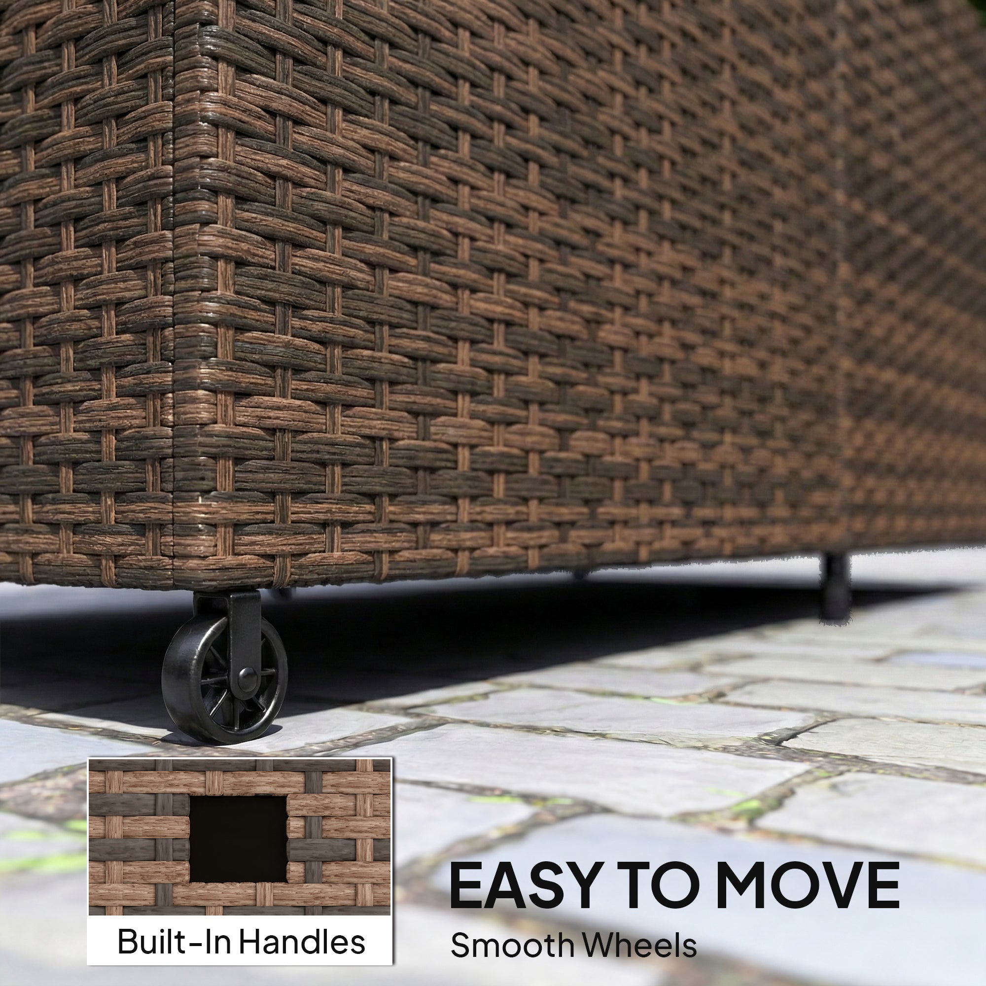 Outsunny 650L Garden Storage Box with 2 Wheels, Rattan Deck Box with Waterproof Zipped Liner, Safe Pneumatic Rods, Mixed Brown 
