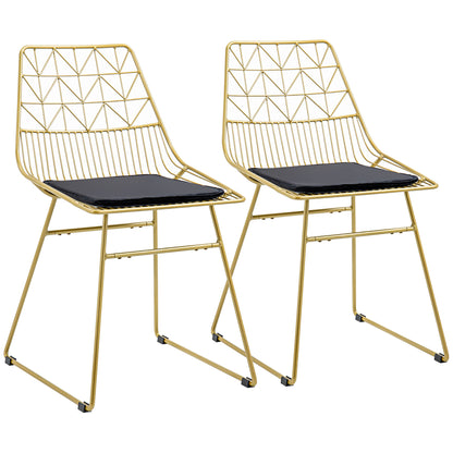 HOMCOM Luxurious Dining Chairs Set of 2, Metal Wire Kitchen Chair with Removable Velvet-feel Cushion, Cut-out Back and Steel Frame for Dining Room, Gold Tone 