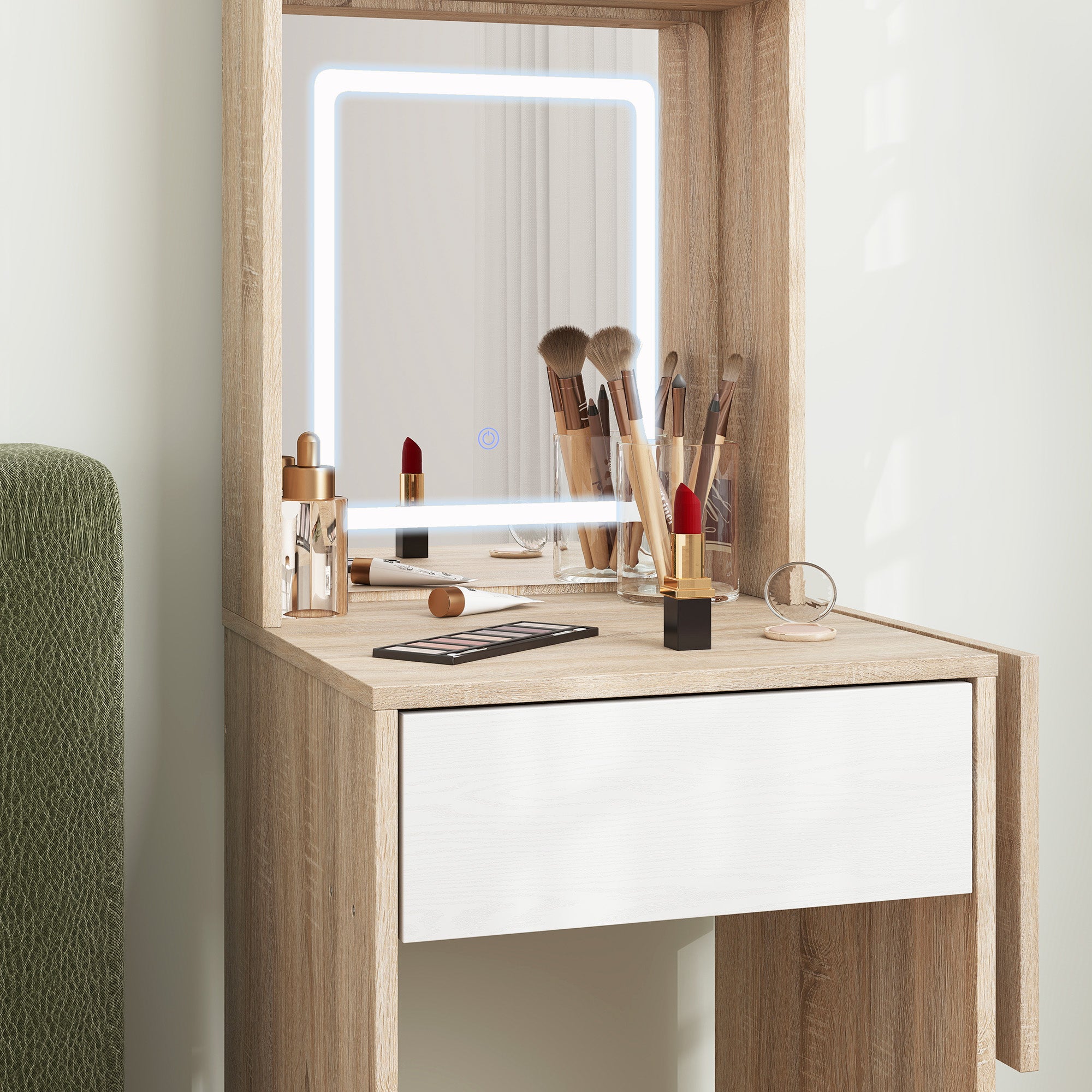 HOMCOM Small Vanity Desk with Mirror and LED Lights, Compact Dressing Table with Drop Leaf, Open Shelves, Natural Wood 