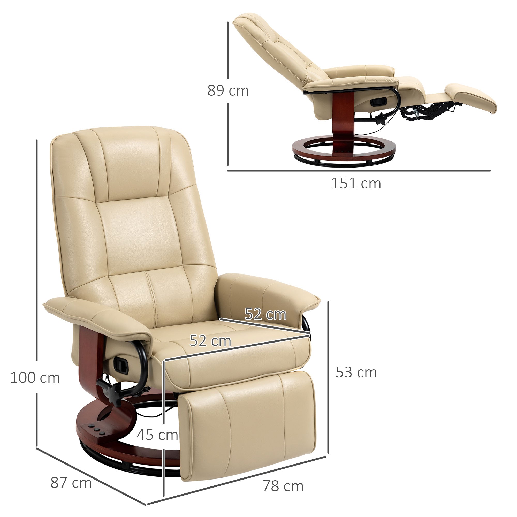 HOMCOM Faux Leather Armchair, with 145\'c2\'b0 Reclining Back and Footrest - Cream 
