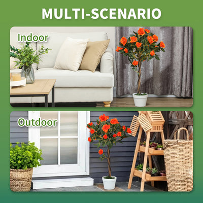 Outsunny Set of 2 Artificial Plants White Rose Floral in Pot, Fake Plants for Home Indoor Outdoor Decor, 90cm, Orange 