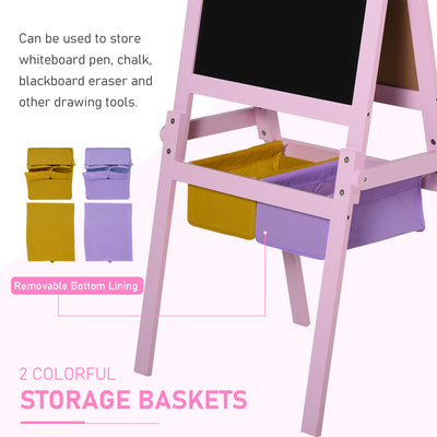 HOMCOM Kids Easel 3 in 1 Wooden Art Easel with Paper Roll Double-Sided Chalkboard & Whiteboard with Storage Baskets for Toddler Girls, Pink 