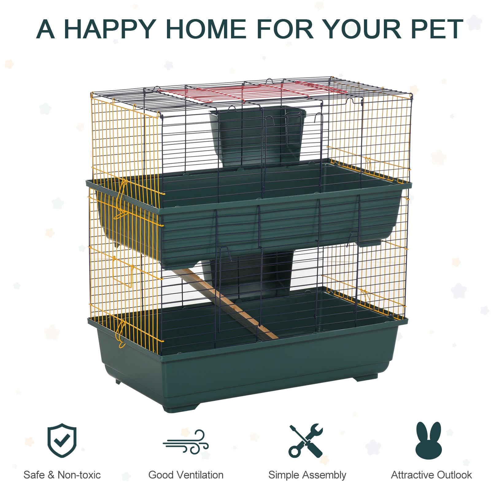 PawHut Indoor Rabbit Guinea Pig Cage Small Animal Cage Two Storey 80 x 44 x 82 cm 