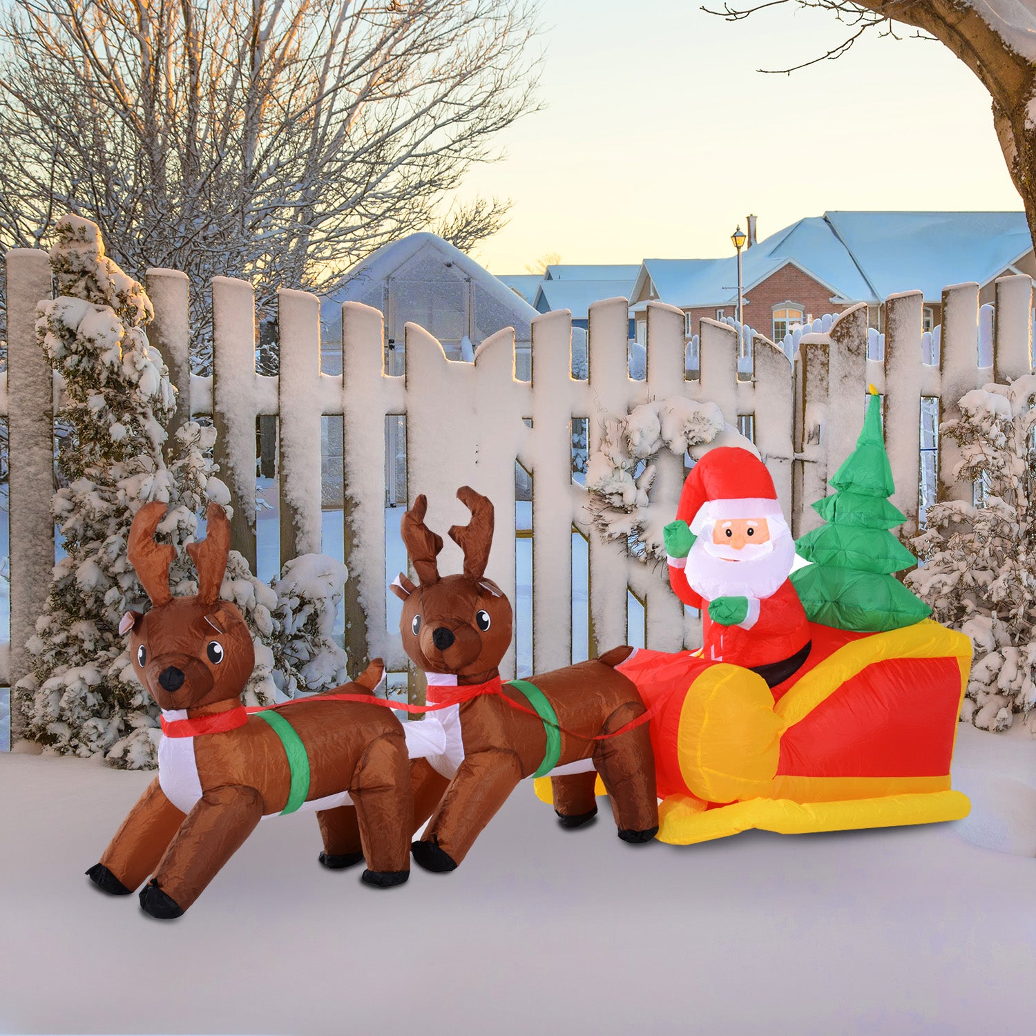 HOMCOM Large Self-inflating Inflatable Xmas Santa Claus Sledge Sleigh w/Reindeer LED Outdoor Blow Up Christmas Decoration 