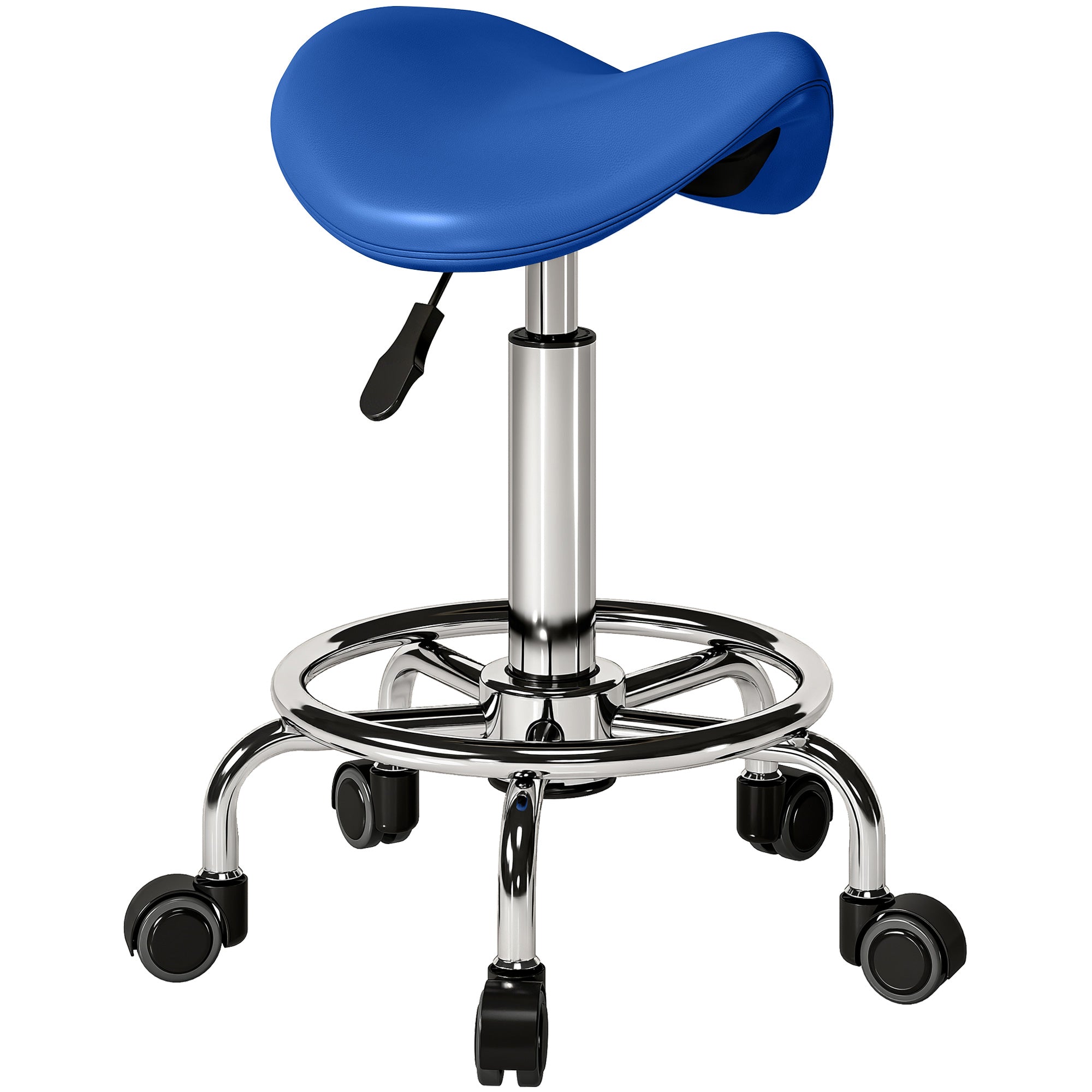 HOMCOM Salon Saddle Stool, Rolling Saddle Chair for Massage, Spa, Clinic, Beauty, Hairdressing and Tattoo, Blue 