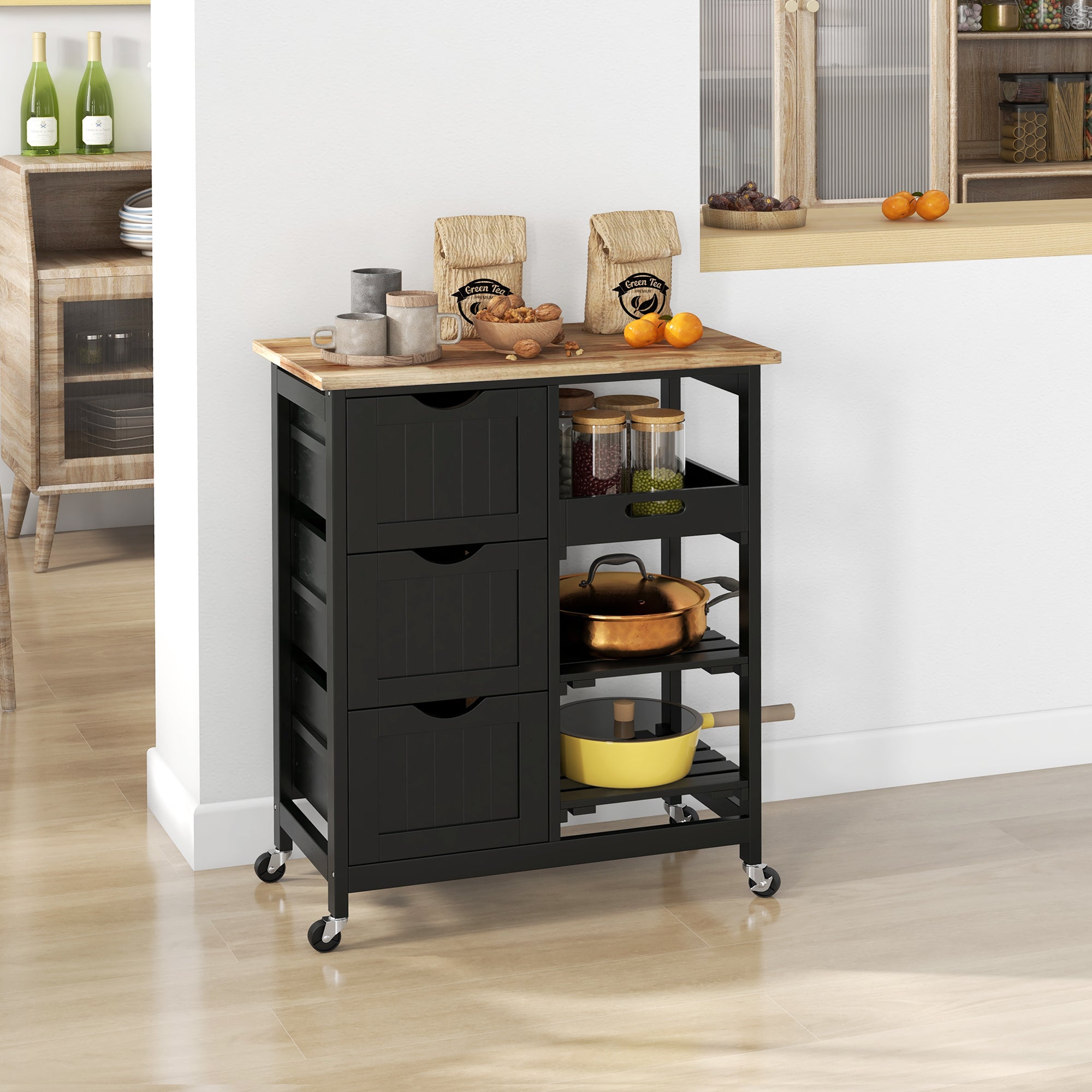 HOMCOM Rolling Kitchen Island Cart, Bar Serving Cart, Compact Trolley on Wheels with Wood Top, Shelves & Drawers for Home Dining Area, Black 
