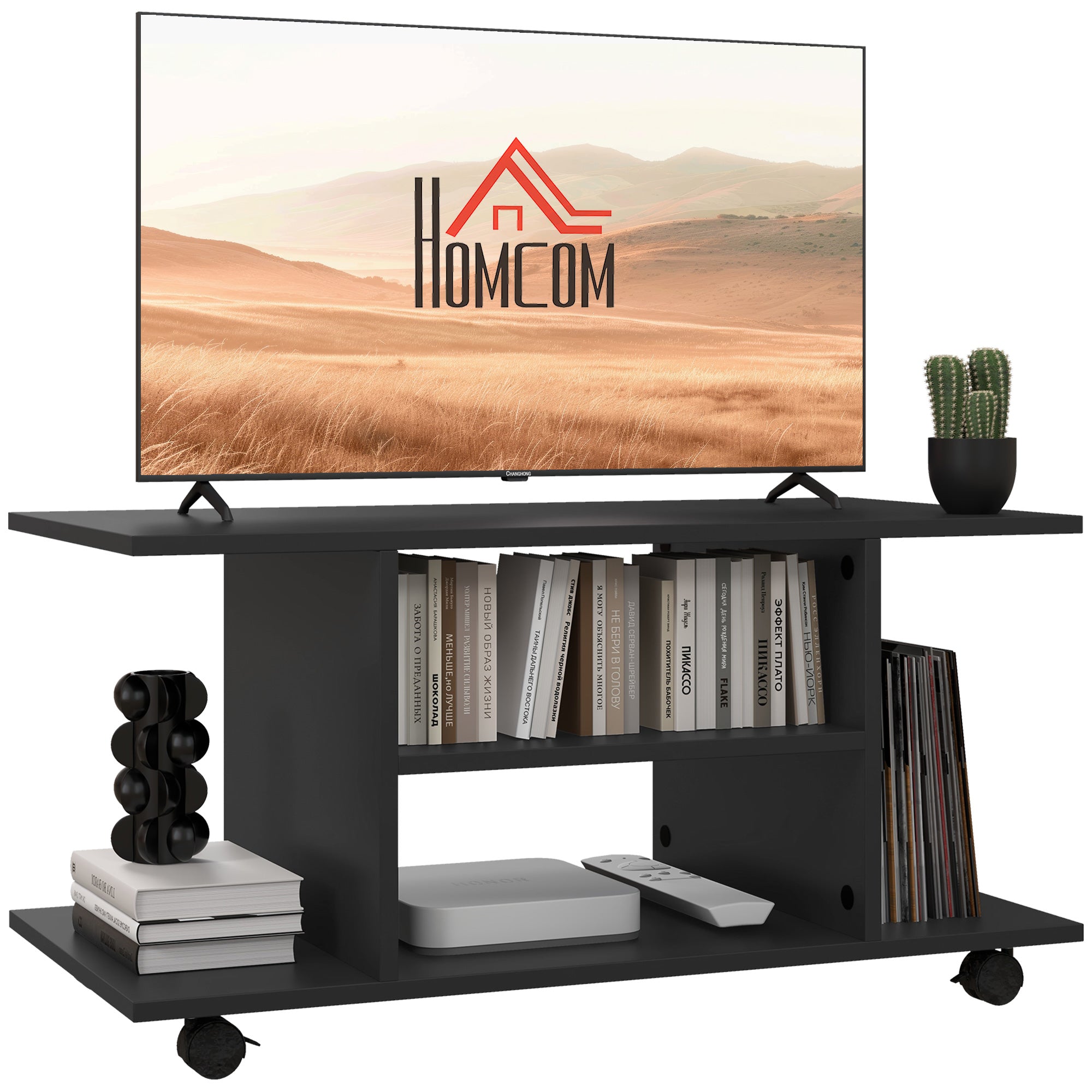 HOMCOM Modern TV Cabinet Stand Storage Shelves Table Mobile Bedroom Furniture Bookshelf Bookcase Black 