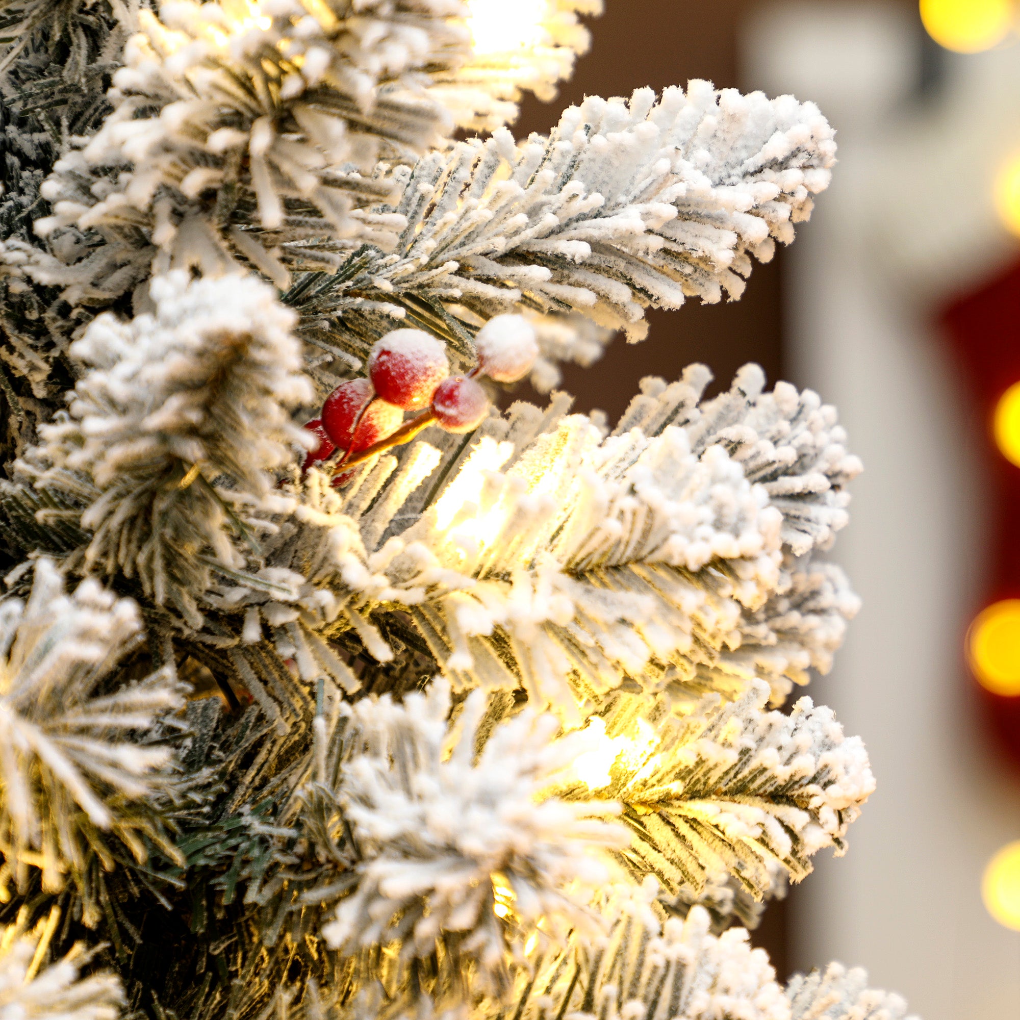 HOMCOM 60 cm Prelit Small Christmas Tree with 35 LED Lights, Snow Flocked Tabletop Mini Xmas Tree with 72 Dense Branches, Pine Cones, Berry Clusters and Linen Cover Base, Battery Operated, Green