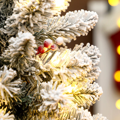 HOMCOM 60 cm Prelit Small Christmas Tree with 35 LED Lights, Snow Flocked Tabletop Mini Xmas Tree with 72 Dense Branches, Pine Cones, Berry Clusters and Linen Cover Base, Battery Operated, Green 