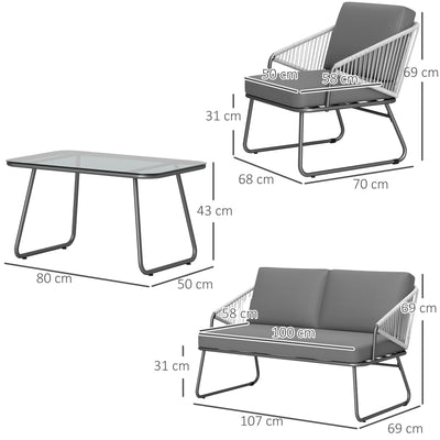 Outsunny 4 Piece Rattan Garden Furniture Set, Wicker Patio Outdoor Furniture Set with Loveseat, Armchairs, Glass Top Coffee Table and Cushions for Patio, Conservatory, Balcony, Grey 