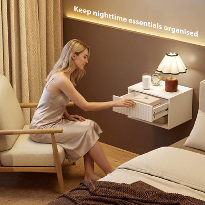 HOMCOM Set of 2 Wall Mounted Nightstands, Floating Bedside Tables with Fluted Drawer and Open Shelf for Small Bedroom, White 
