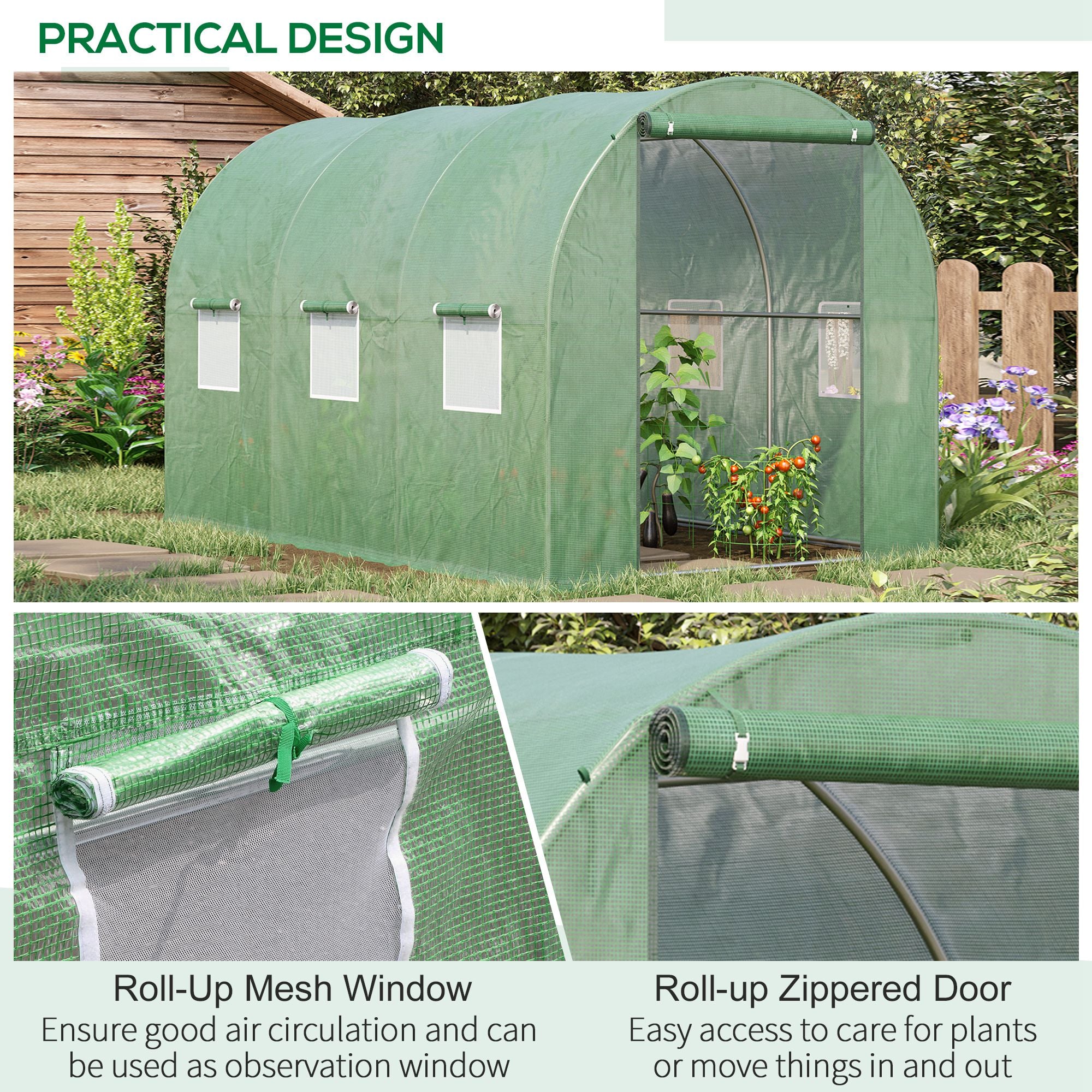 Outsunny Walk-in Polytunnel Greenhouse, Outdoor Garden Tunnel Greenhouse Tent with Zipped Roll-Up Door and 6 Mesh Windows, 3 x 2M 