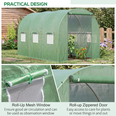 Outsunny Walk-in Polytunnel Greenhouse, Outdoor Garden Tunnel Greenhouse Tent with Zipped Roll-Up Door and 6 Mesh Windows, 3 x 2M 