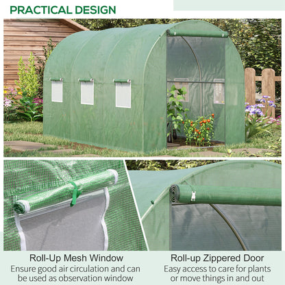 Outsunny Walk-in Polytunnel Greenhouse, Outdoor Garden Tunnel Greenhouse Tent with Zipped Roll-Up Door and 6 Mesh Windows, 3 x 2M 