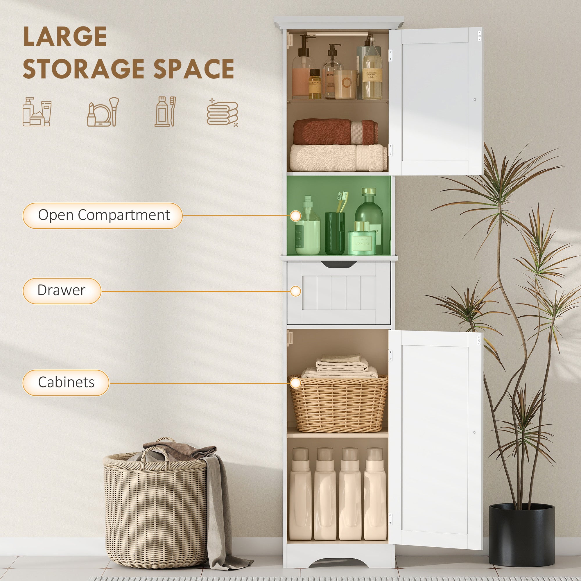 HOMCOM Slim Bathroom Storage Cabinet, with Sensor Lights - White 