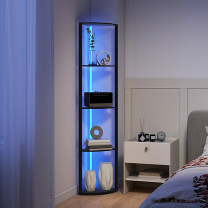 HOMCOM RGB LED Floor Lamp with Shelves, 5-Tier Dimmable Standing Lamp with Adjustable Brightness and Remote Control, Modern Corner Display Shelf Unit for Living Room Bedroom Office, Black