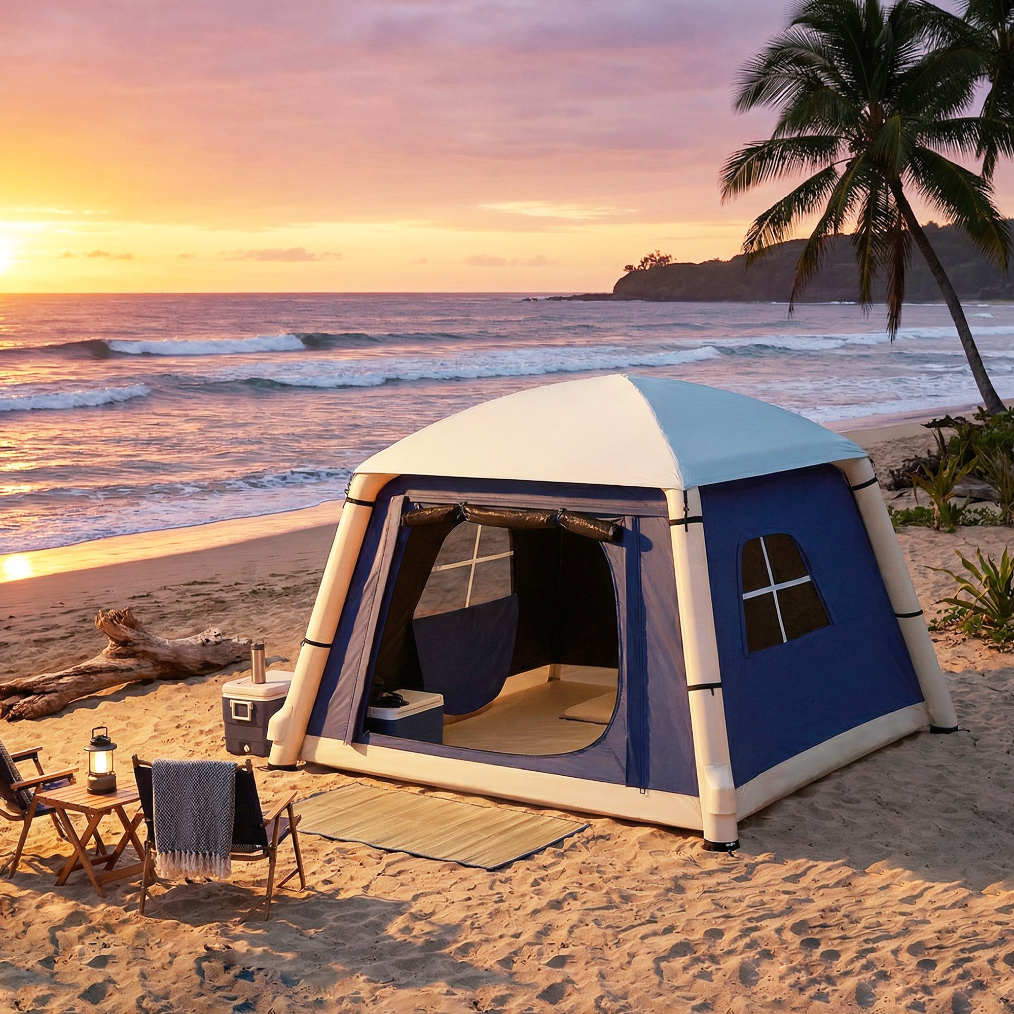 Outsunny Inflatable Camping Tent w/ Hand Pump, Easy Setup 1/2 Person Blow Up Tent, Dark Blue 