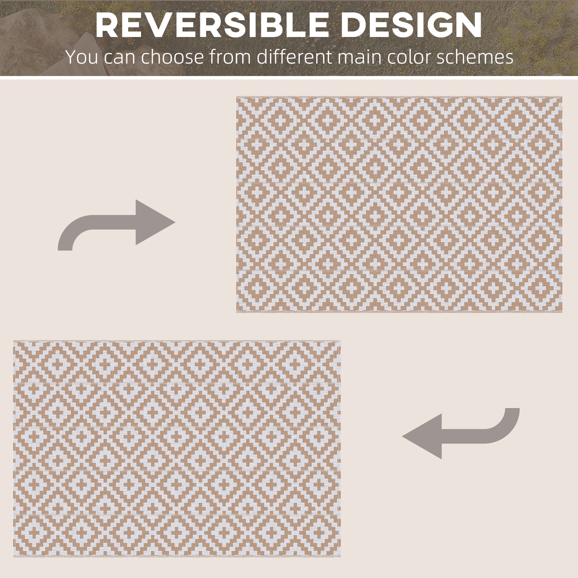 Outsunny Reversible Outdoor RV Rug, Patio Floor Mat, 274 x 182 cm Plastic Straw Rug for Garden, terrace, Beach, Camping, Coffee & White 