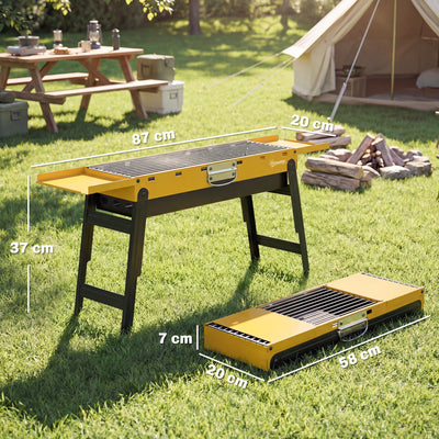 Outsunny Portable BBQ Grill, Foldable Charcoal Grill for Camping and Picnics with 2 Side Shelves and Handle, Yellow 