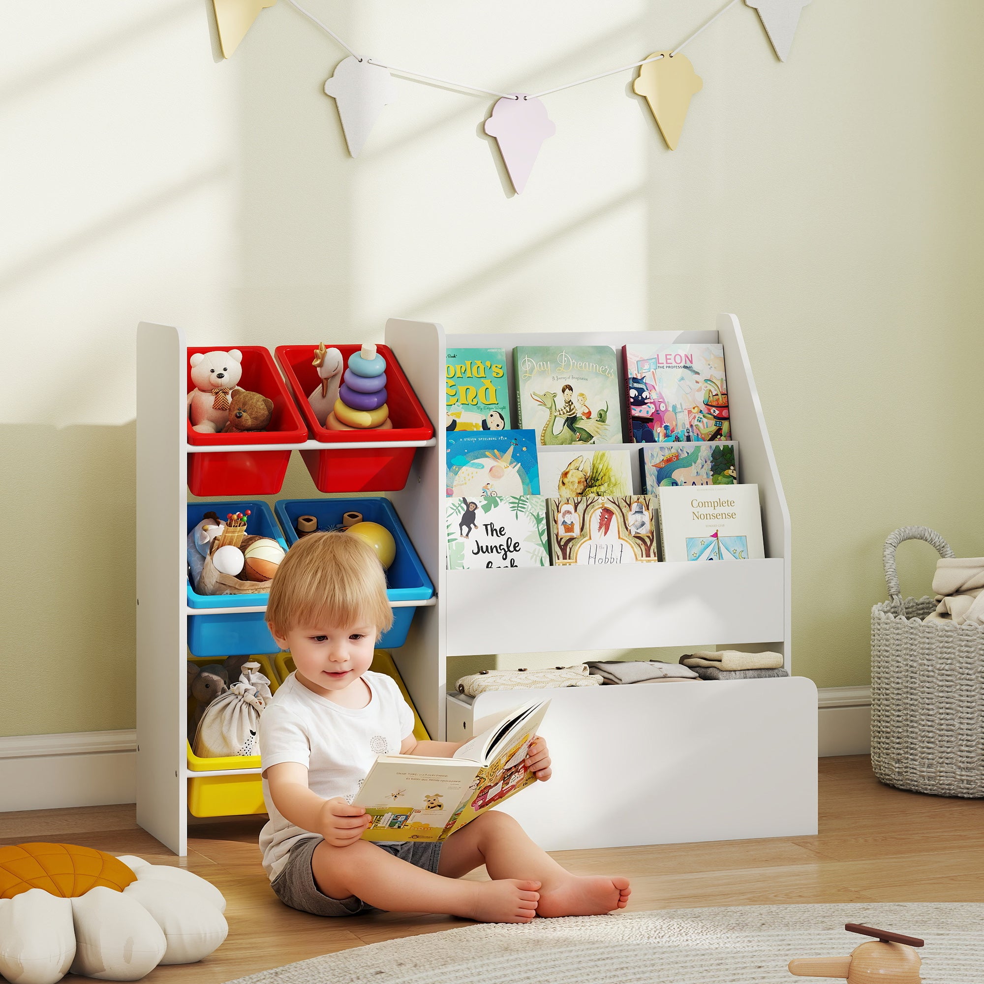 AIYAPLAY Toy Storage Unit, 3-Tier Toy Organiser Shelf with 6 Removable Storage Bins for Bedroom, Nursery, Multicoloured 