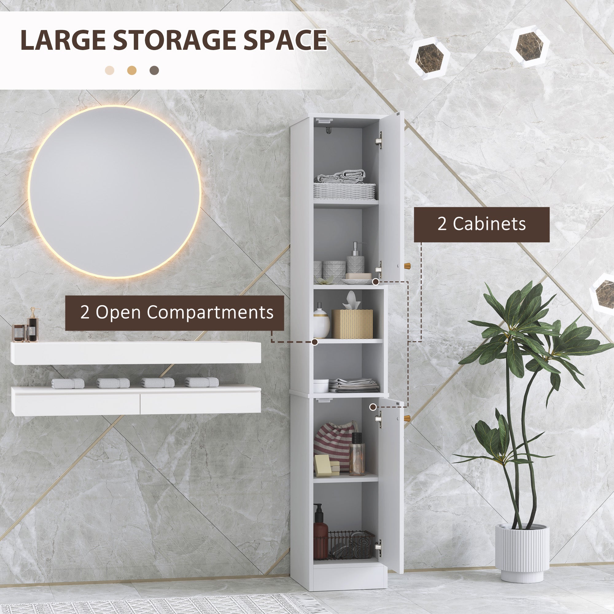 HOMCOM Tall Bathroom Storage Cabinet with Doors, Slim Bathroom Storage Unit with Adjustable Shelves, Freestanding Bathroom Storage Unit, White 