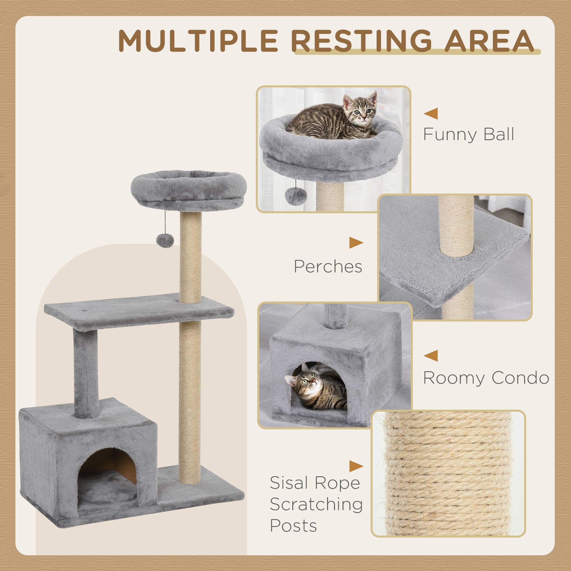 PawHut 96cm Cat Tree for Indoor Cats Condo Sisal Scratching Post Cat Tower Kitten Play House Dangling Ball Activity Center Furniture Grey 