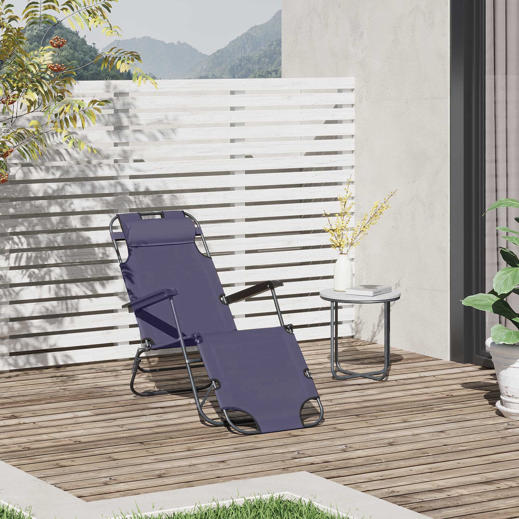 Outsunny 2 in 1 Sun Lounger Folding Reclining Chair Garden Outdoor Camping Adjustable Back with Pillow, Grey 