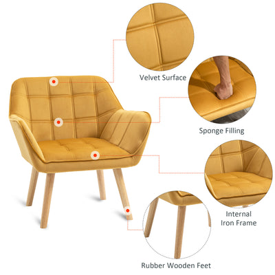 HOMCOM Modern Armchair, Accent Chair with Wide Arms, Slanted Back and Rubber Wood Legs for Living Room, Bedroom, Home Office Yellow 