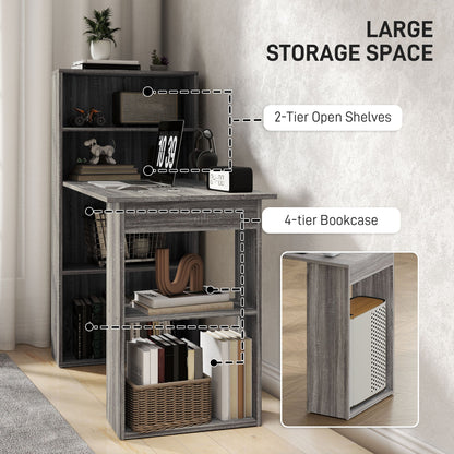 HOMCOM 120cm Modern Computer Desk Bookshelf Study Table Workstation PC Laptop Writing Home Office 6 Shelves, Grey Wood-Effect 