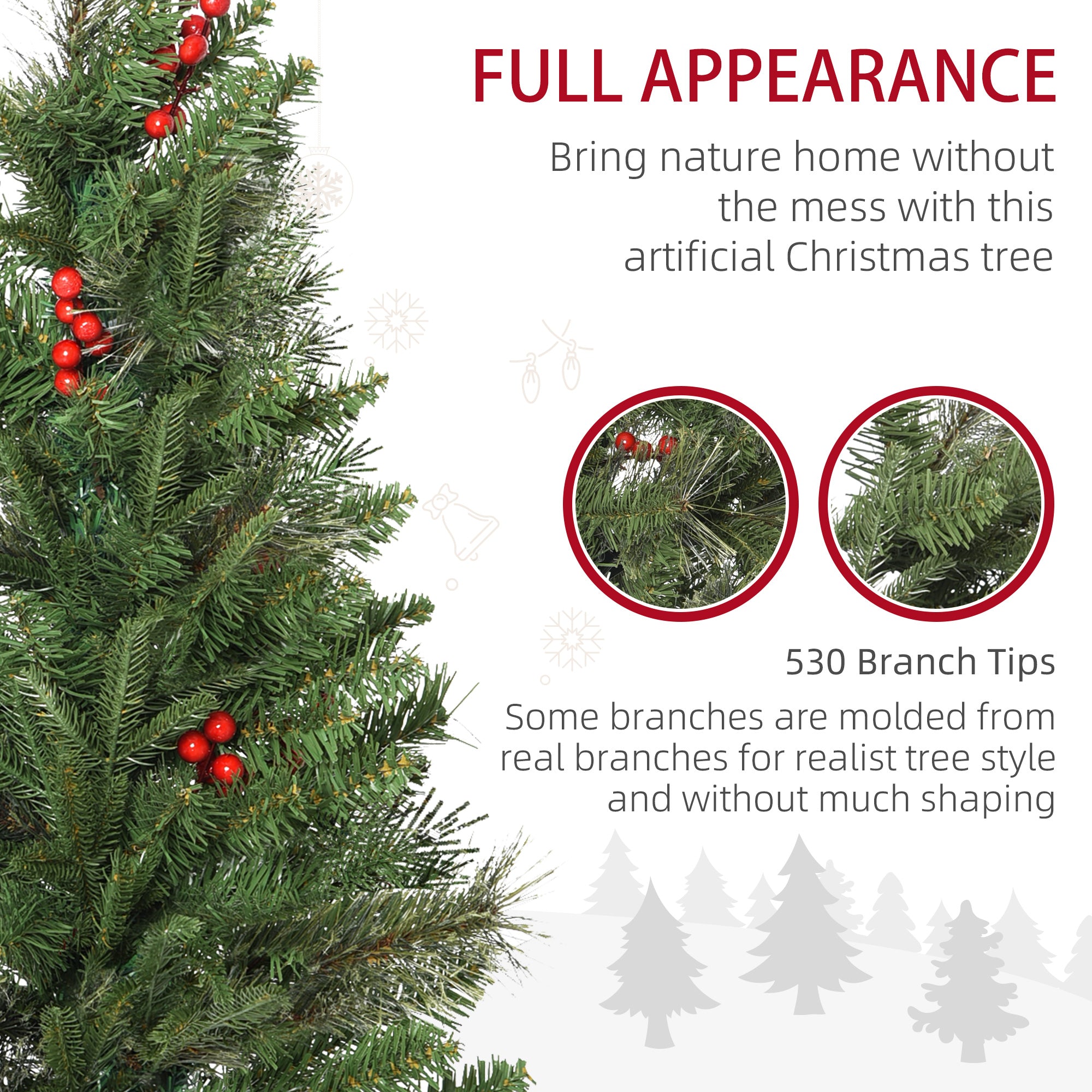 HOMCOM 6ft Pencil Artificial Christmas Tree with Realistic Branches, Red Berries, Auto Open, Green