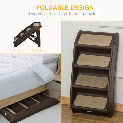 PawHut Foldable Four-Step Pet Stairs, for Cats, Small Miniature Dogs, with Non-Slip Mats 62 x 38 x 49.5cm - Brown 