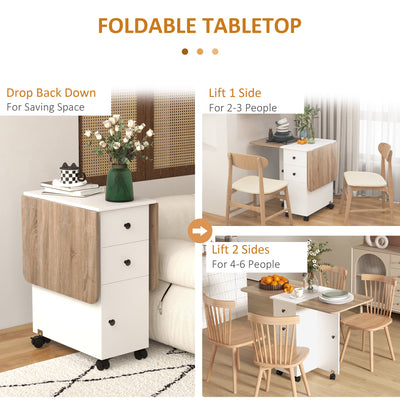 HOMCOM Multi-Storage Six-Person Drop Leaf Dining Table -  Oak and White 