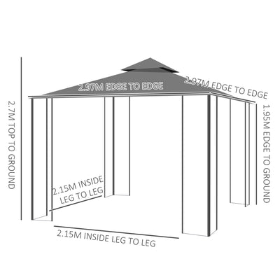 Outsunny 3 x 3(m) Patio Gazebo Canopy Garden Pavilion Tent Shelter with 2 Tier Roof and Mosquito Netting, Steel Frame, Grey 