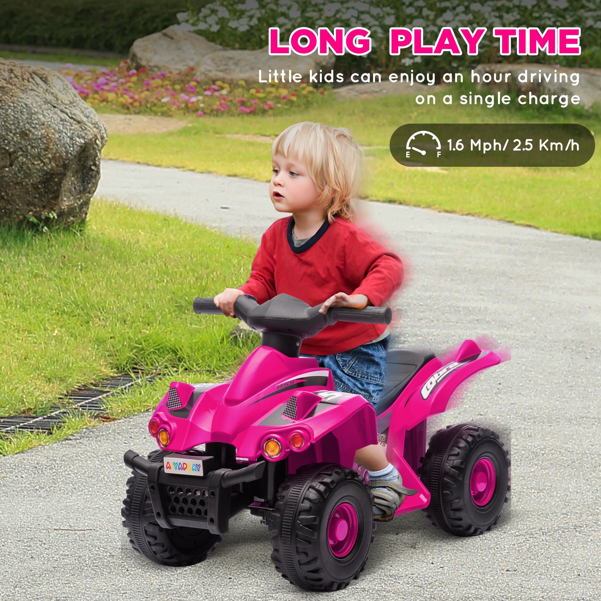 AIYAPLAY 6V Kids Electric Quad Bike w/ Music, Forward Function, for 2-6 Years, Pink 