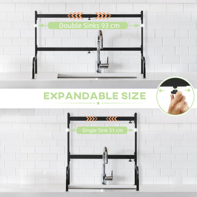 HOMCOM Space Saving 2 Tier Adjustable Dish Drainer Over The Sink Dish Drying Rack, Black 