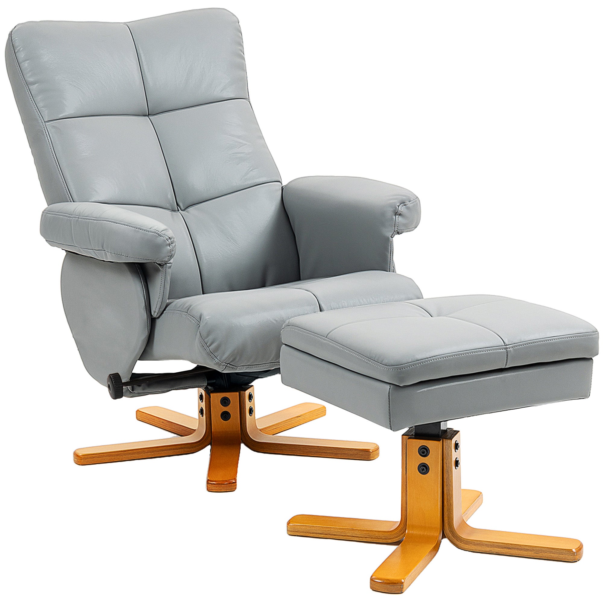 HOMCOM PU Leather Swivel Recliner Chair with Footstool, Wooden Base and Storage for Living Room, Light Grey 