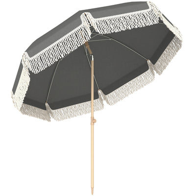 Outsunny 1.7 m Beach Umbrella with Sand Anchor, 30° Tilting Fringed Beach Garden Parasol with Adjustable Height, Grey 