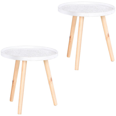 HOMCOM Coffee Table, Carved Floral Round Table with Tray-style Top and Wood Legs, Modern Side Table for Living Room, Set of 2, White 