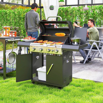 Outsunny 4+1 Burner Gas BBQ Grill with Clear View Lid, Portable Gas Barbecue Grill with Built-in Thermometer, Side Table, Cabinet, Wheels, Grease Tray for Garden Party Outdoor Cooking, Black 