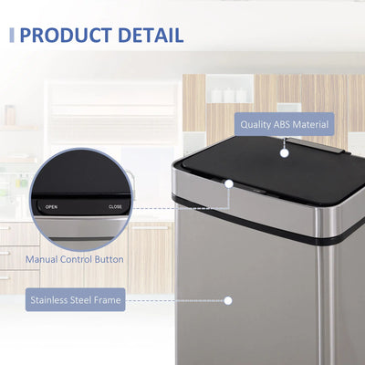 HOMCOM 72L Recycling Sensor Bin Stainless Steel 3 Compartments For Both Wet/Dry Waste w/Removable Lid Kitchen Home 