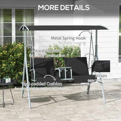 Outsunny 2 Seater Garden Swing Chair Patio Rocking Bench w/ Tilting Canopy, Double Padded Seats, Storage Bag and Tray, Black 