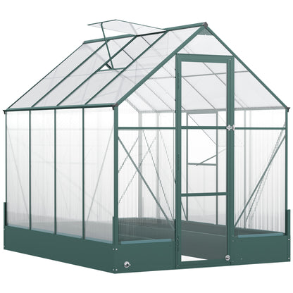Outsunny 6x8 FT Polycarbonate Greenhouse with Base and Raised Bed, Walk-in Greenhouse with Aluminium Frame, Temperature Controlled Window, Foundation for Plants, Flowers, Vegetable 