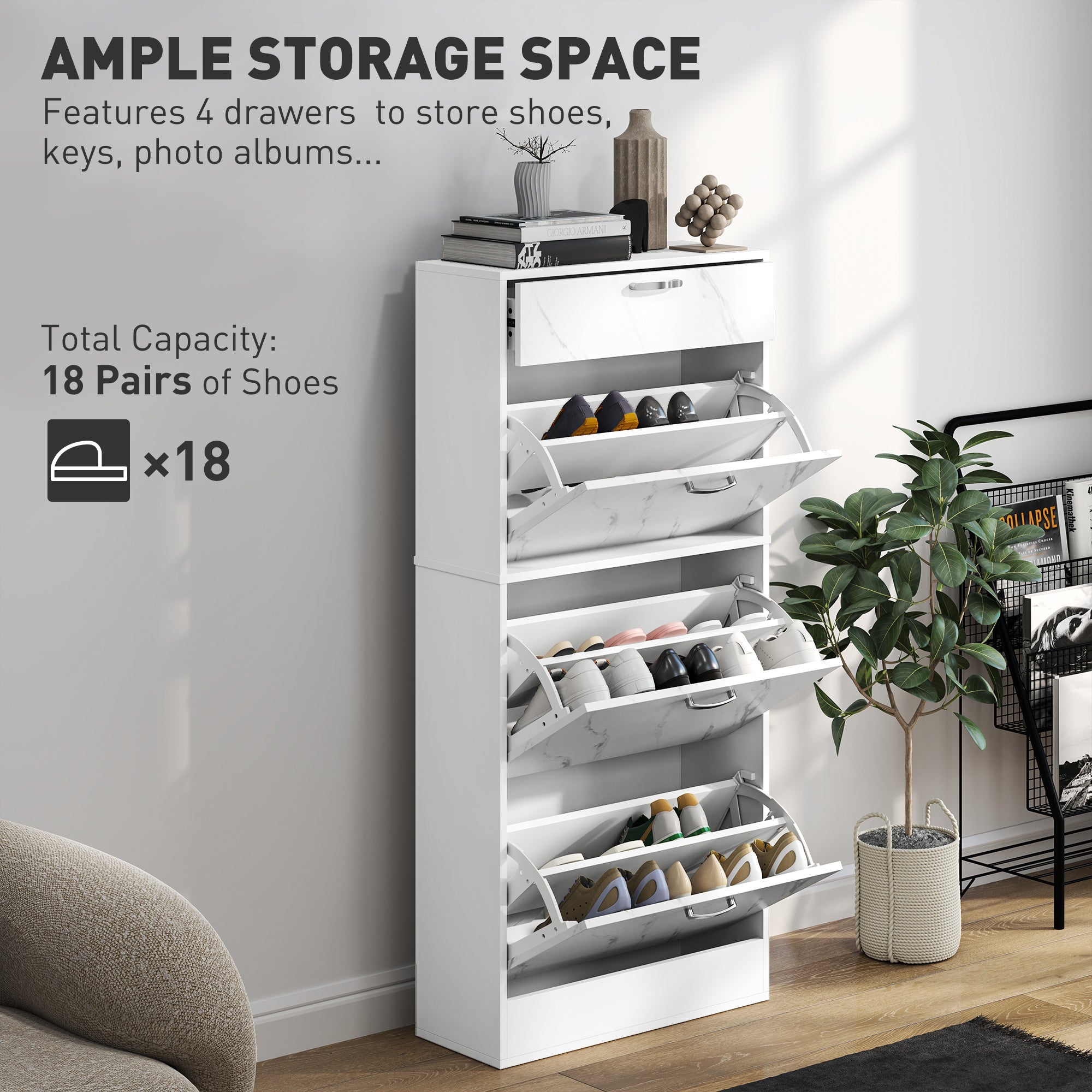 HOMCOM Marble Shoe Storage Cabinet with 3 Flip Drawers, Hallway Cabinet with Top Drawer and Adjustable Shelves, Shoe Cupboard for 18 Pairs, White 