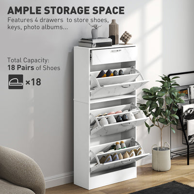 HOMCOM Marble Shoe Storage Cabinet with 3 Flip Drawers, Hallway Cabinet with Top Drawer and Adjustable Shelves, Shoe Cupboard for 18 Pairs, White 