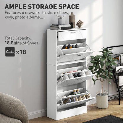 HOMCOM Marble Shoe Storage Cabinet with 3 Flip Drawers, Hallway Cabinet with Top Drawer and Adjustable Shelves, Shoe Cupboard for 18 Pairs, White 