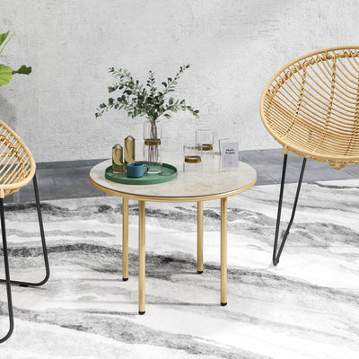 Outsunny Round Small Garden Table, 60cm Outdoor Side Table with Faux Marble Tempered Glass Top, Steel Frame for Garden Patio Balcony, Beige 