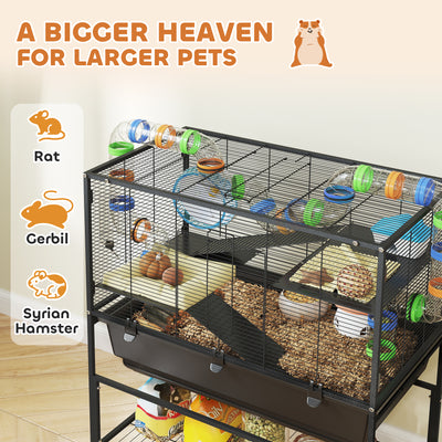 PawHut 3 Tier Large Hamster Cage on Wheels with 17 cm Deep Tray, Storage Shelf for Syrian, Gerbil, Rats 