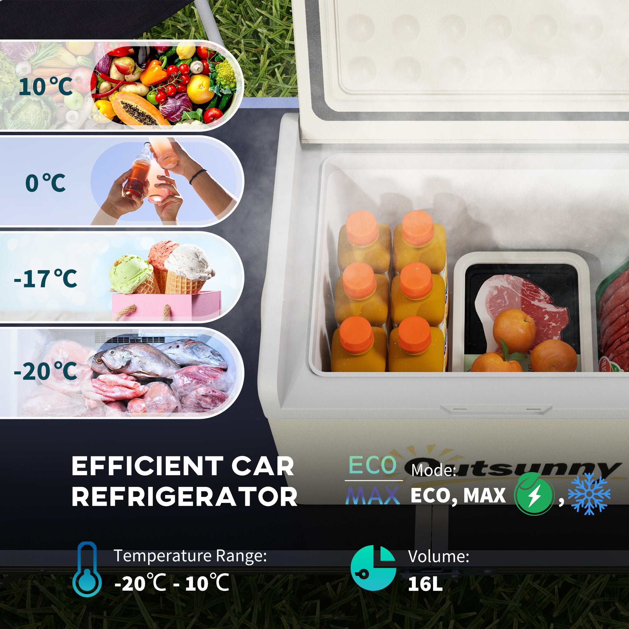 Outsunny 16L Portable Car Fridge, -20\'e2\'84\'83 to 10\'e2\'84\'83 Adjustable Temperature - Khaki/Grey