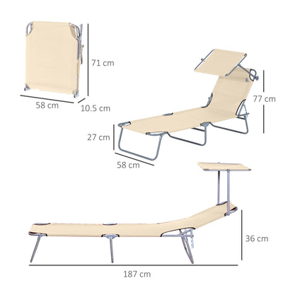 Outsunny 2 Pieces Outdoor Foldable Sun Lounger, 4 Level Adjustable Backrest Reclining Sun Lounger Chair with Angle Adjust Sun Shade Awning for Beach, Garden, Patio, Beige 